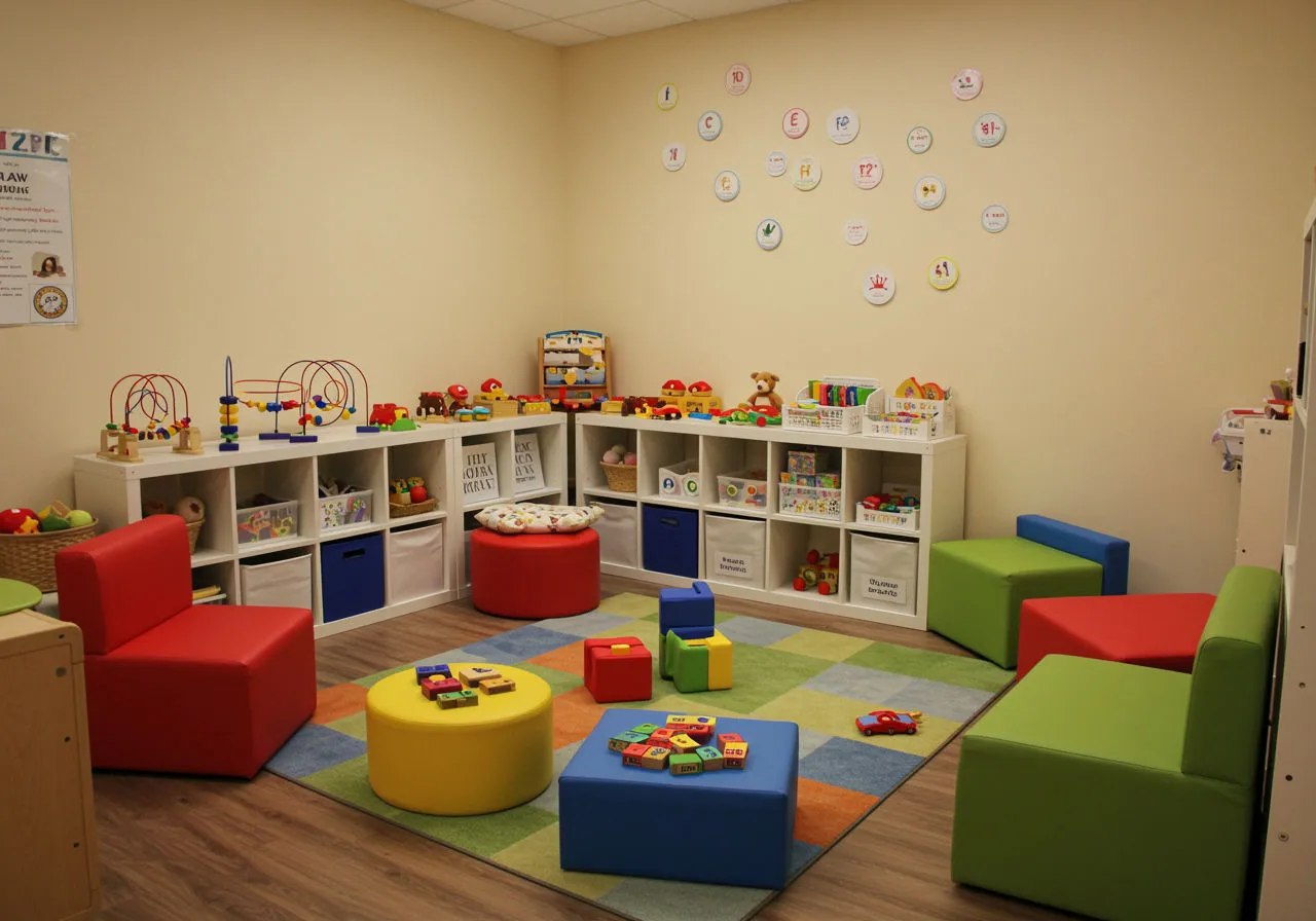 A photorealistic shot capturing a warm and inviting therapy room for children, with colorful educational toys, comfortable seating, and ABA therapy materials neatly organized on shelves, creating a welcoming environment for young patients
